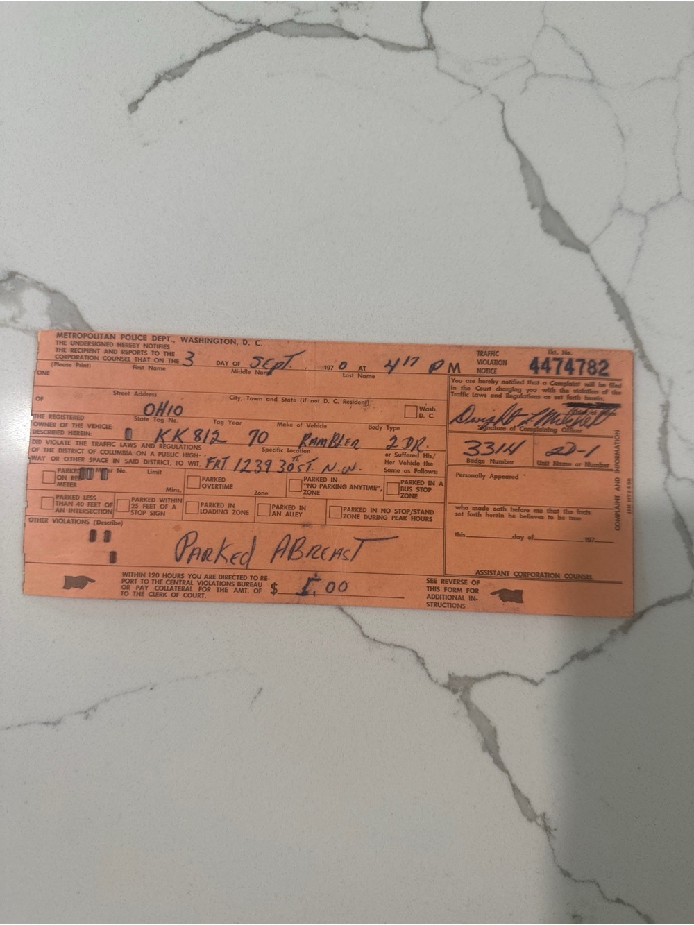 Original 1970 Washington DC Parking Ticket Georgetown Historic